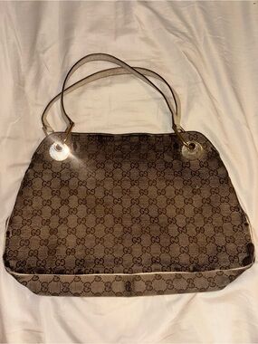 Vintage Gucci Canvas Leather Logo Shoulder Bag Purse Gold Accent Lined Authentic